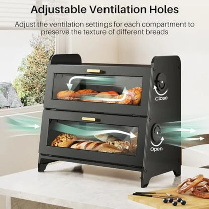 Bread Box - Kitchen Countertop Bread Storage Container with Bamboo Cutting Board Adjustable Vent Hole Dials