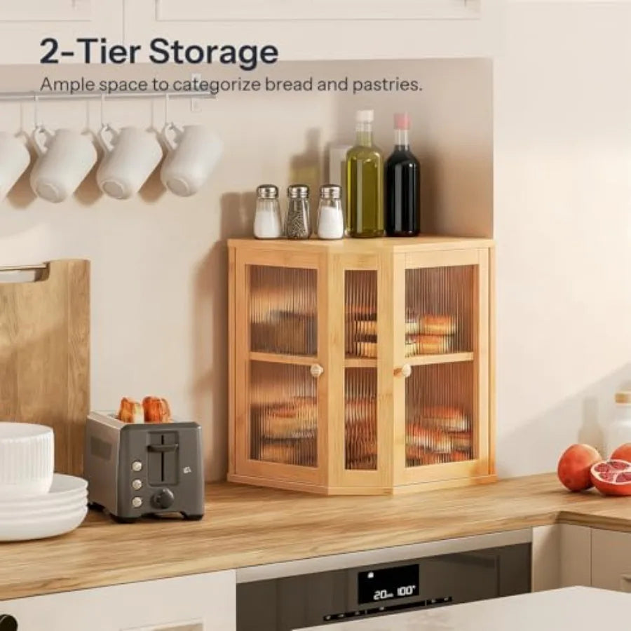 Bamboo Countertop Corner Bread Box Large Capacity 2-Tier