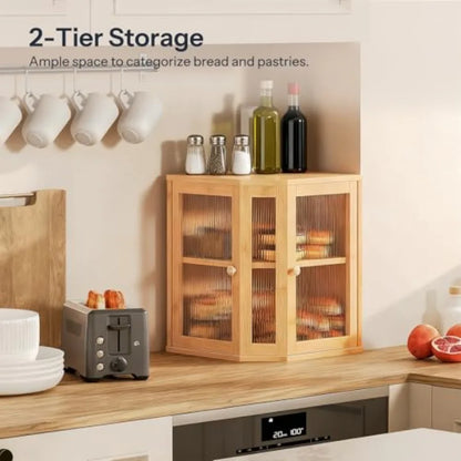 Bamboo Countertop Corner Bread Box Large Capacity 2-Tier