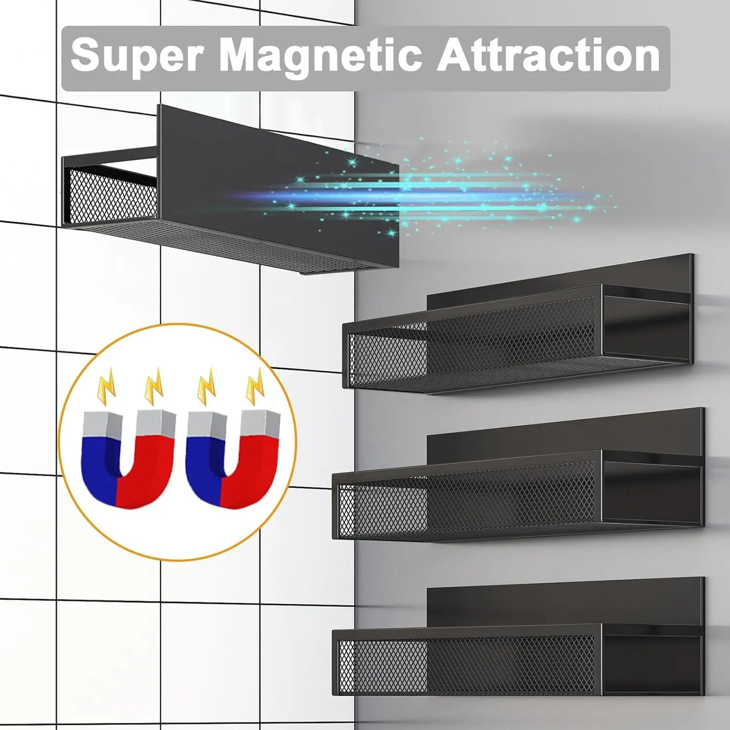 Magnetic Spice Rack for Refrigerator, 4 Pack Fridge Shelf with 8 Hooks for Kitchen Organization