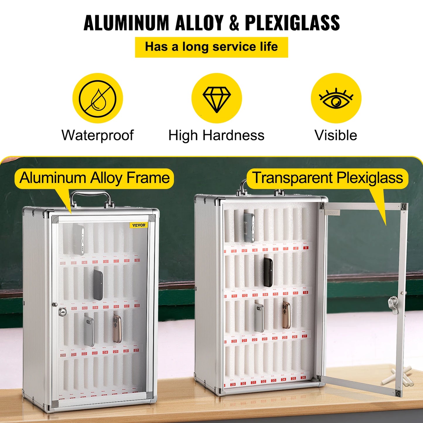 SucceBuy 36 Slots Cell Phone Cabinet Silver Aluminum Alloy Pocket Chart Wall Mounted Storage Locker Box for Classroom Office Gym