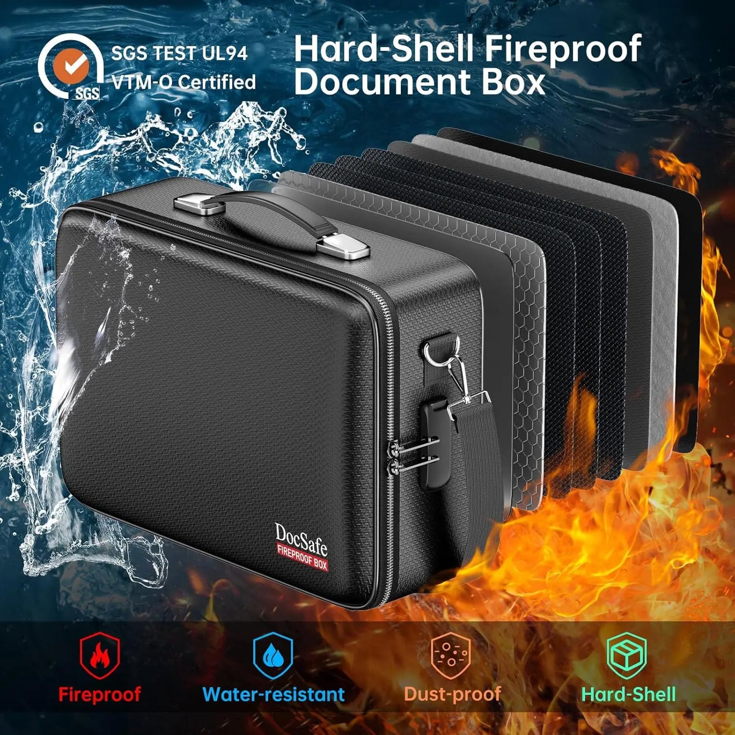 Fireproof Document Box with Lock, Water Resistant Hard Case for Important Files, Laptop Storage in Home Office Travel