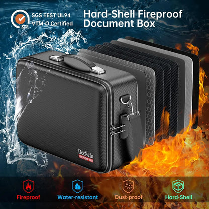Fireproof Document Box with Lock, Water Resistant Hard Case for Important Files, Laptop Storage in Home Office Travel