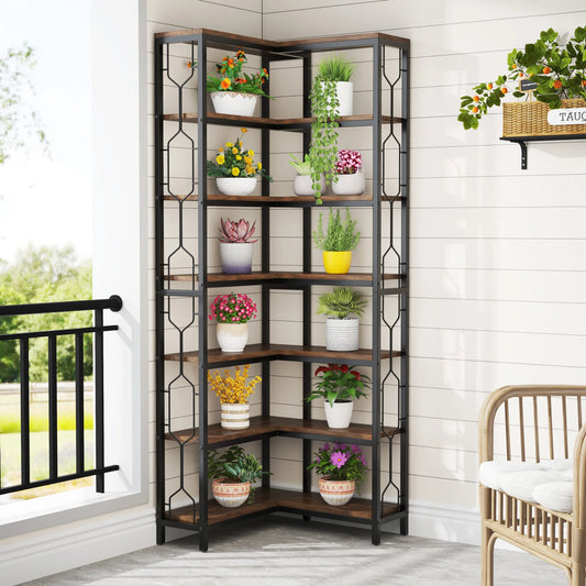 Tribesigns Corner Shelf, 7-Tier Industrial Corner Bookshelf, Wood and Metal Corner Etagere Bookcase, Freestanding Display Shelf
