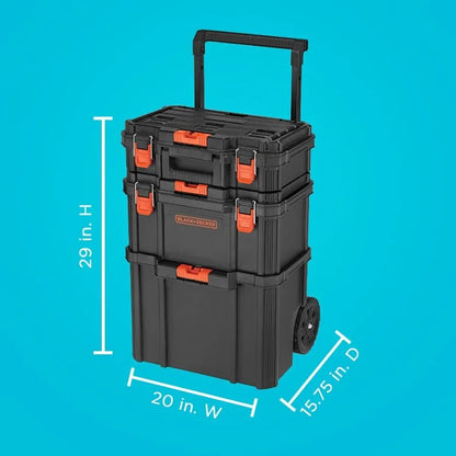 Stackable Storage System - 3 Piece Set Small Deep Toolbox Rolling Tote in Black for Organized Workshop and Garage Use Durable P