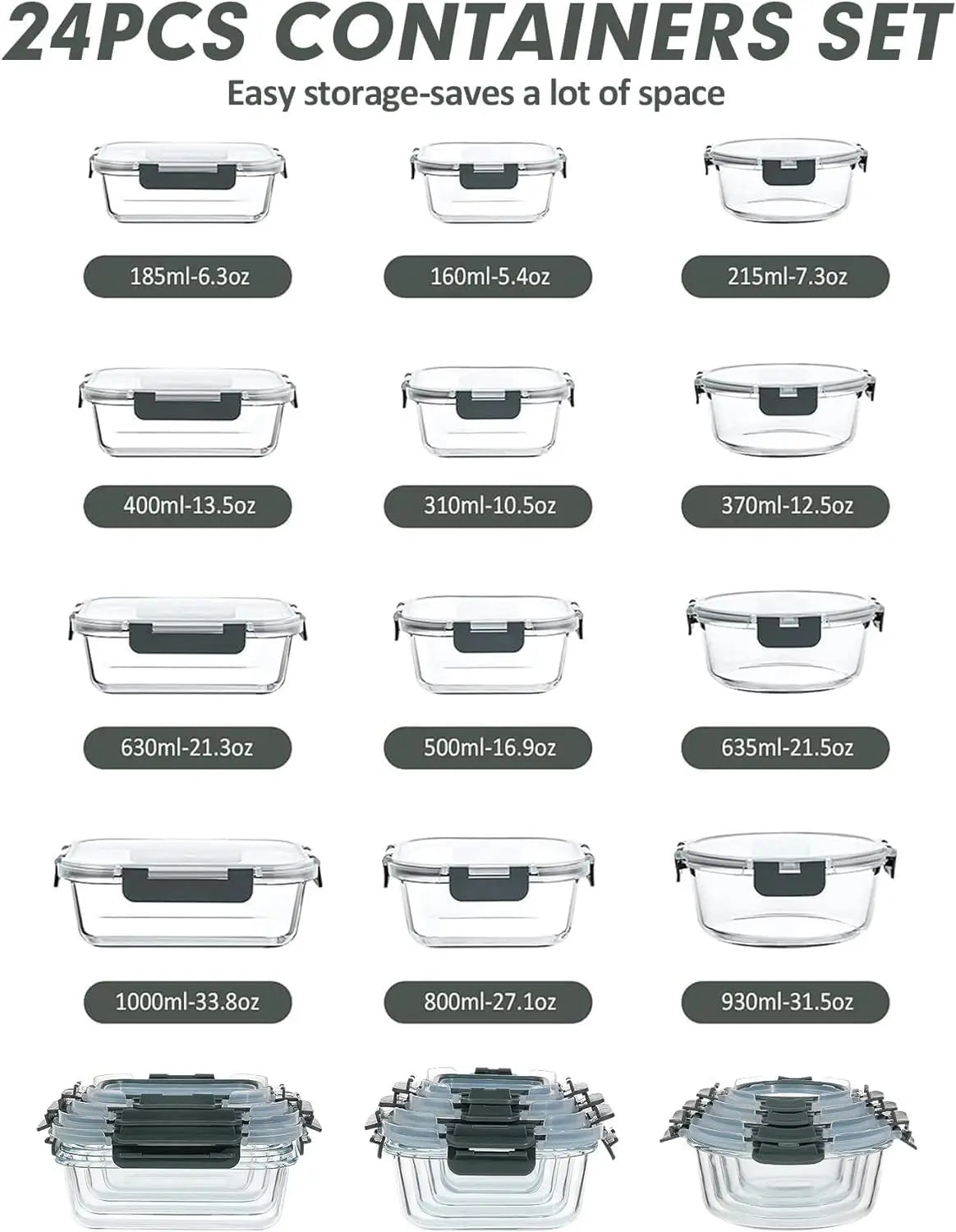 12-Pack Airtight Glass Food Storage Containers, Microwave & Dishwasher Safe, BPA-Free for Meal Prep
