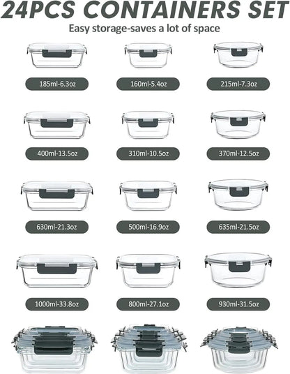 12-Pack Airtight Glass Food Storage Containers, Microwave & Dishwasher Safe, BPA-Free for Meal Prep