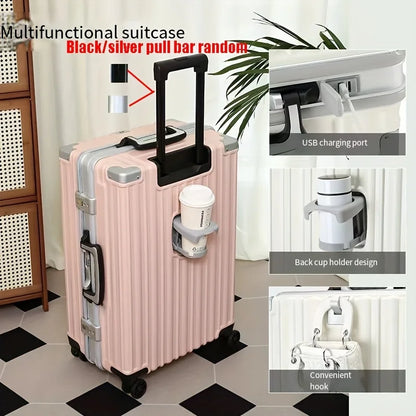 Carry On Luggage -With Aluminum Frame - 20 Inch PC Hard Shell Suitcase - With Cup Holder & USB Port And TSA Locks
