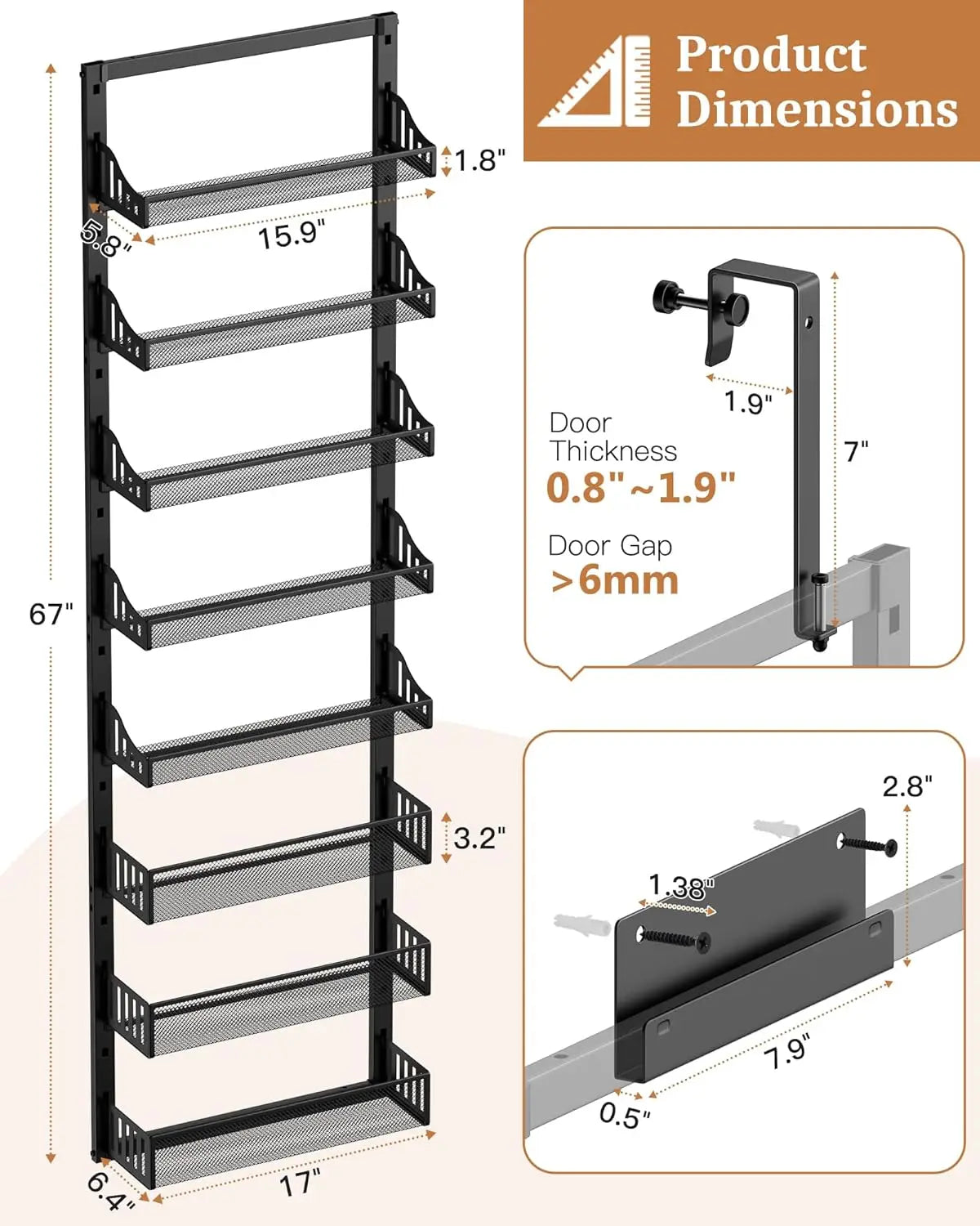 8-Tier Over the Door Pantry Organizer, Large Metal Door Spice Rack with Adjustable Basket, 2 in 1 Wall Mount or Hanging Heavy