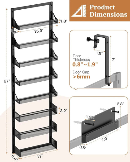 8-Tier Over the Door Pantry Organizer, Large Metal Door Spice Rack with Adjustable Basket, 2 in 1 Wall Mount or Hanging Heavy