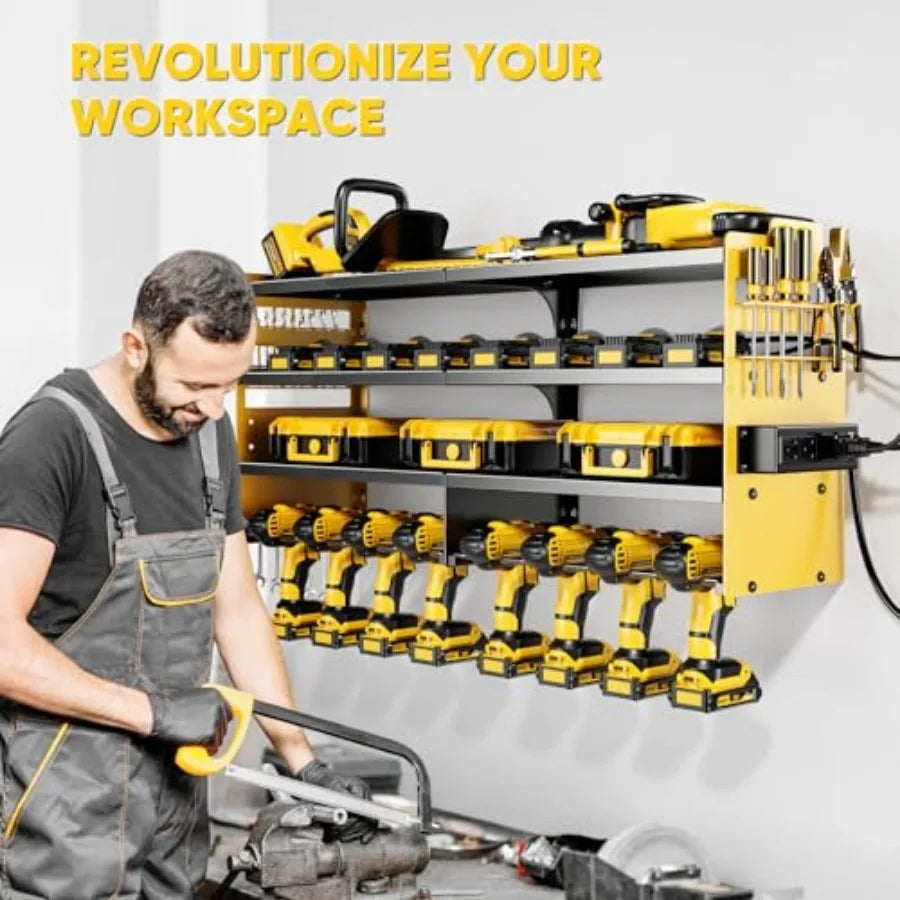 Tool Organizer Wall Mount Charging, 4 Layer Heavy Duty Metal Storage Rack Loads 600lbs with 8 Cordless Drill Holder, Battery Ut