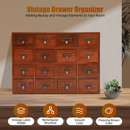 Vintage 16-Drawer Organizer with Label Holders, Pine Wood Storage Box for Jewelry Cosmetics Office Supplies