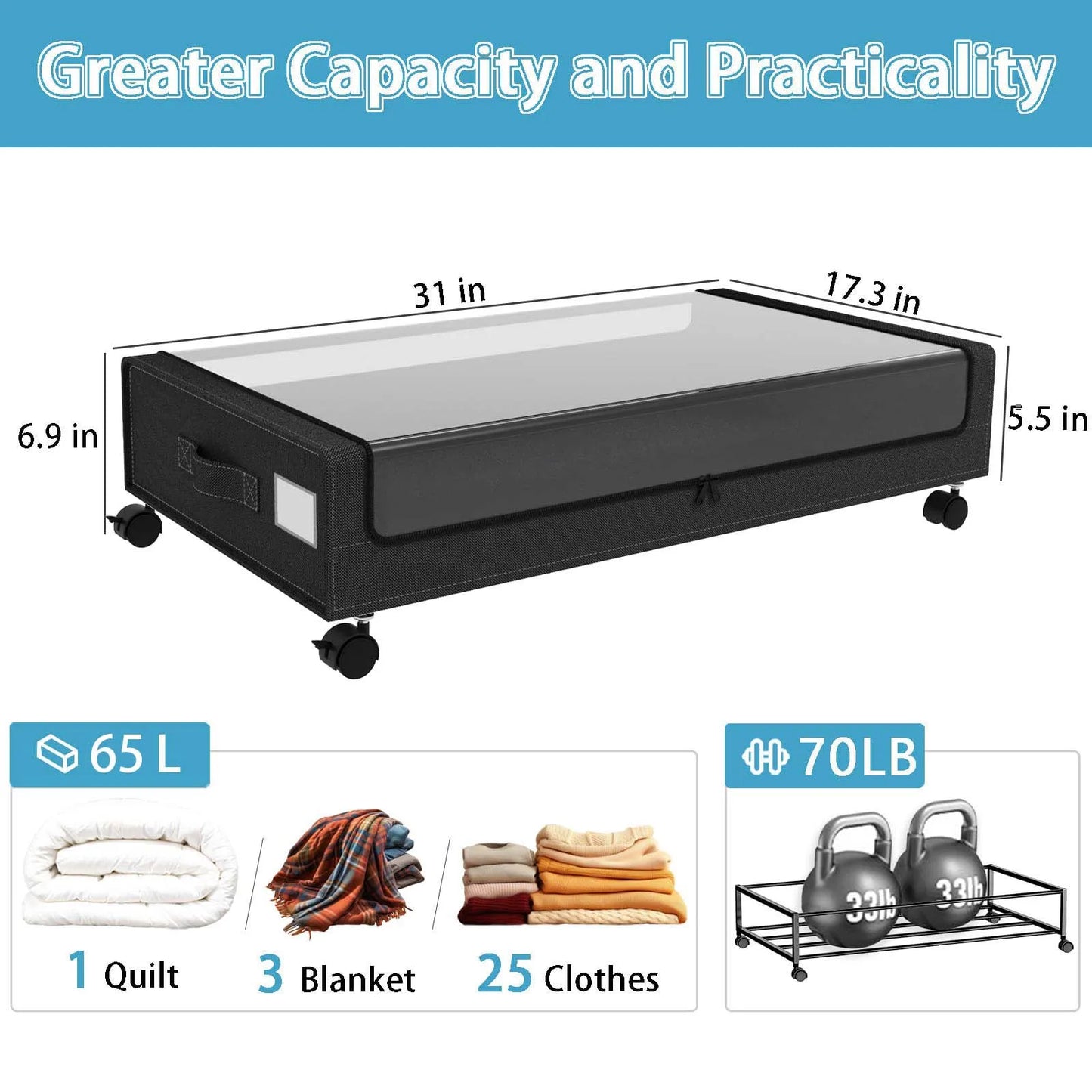 Under Bed Storage With Wheels, 2-Pack 48L Clear Lids & Label,