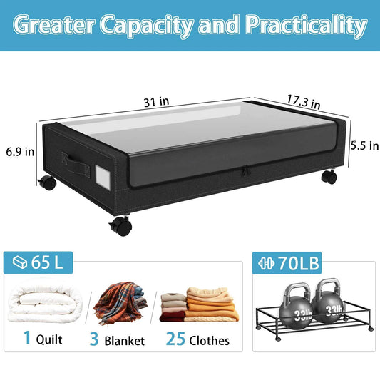 Under Bed Storage With Wheels, 2-Pack 48L Clear Lids & Label,