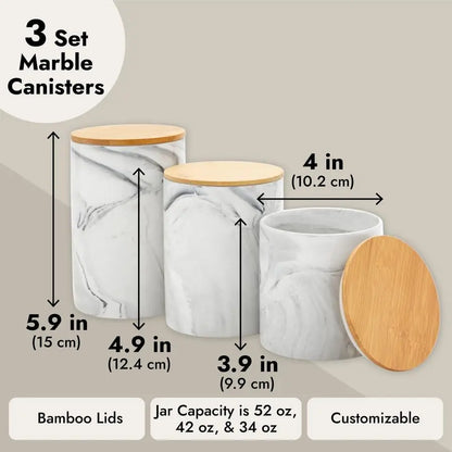 Ceramic Jar Set Airtight Wood Lids for Kitchen Countertop Jars White Marble Ceramic