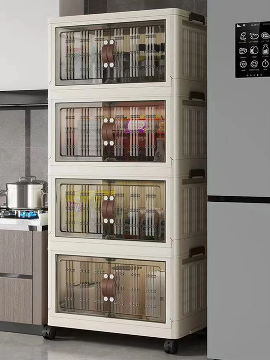 Stackable Plastic Storage Cabinet - Large Capacity with Doors & Wheels, Easy to Assemble, Closed Durable Design, for Bedroom