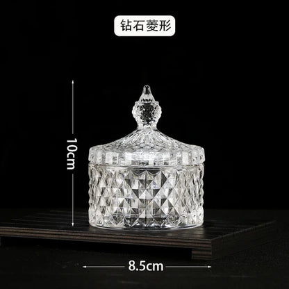 European Diamond Striped Glass Storage Jar Nut Candy Box Crystal Glass Jar with Lid Aromatherapy Candlestick Food Container