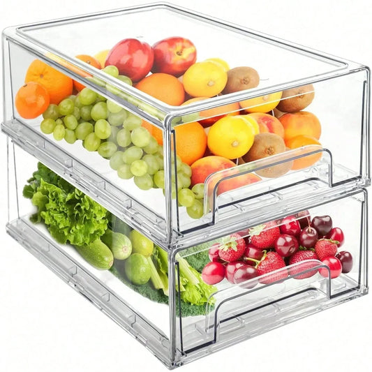 2Pack Clear Fridge Drawers PullOut Stackable Refrigerator Drawer Pantry Storage Box Plastic Food Containers for Kitchen