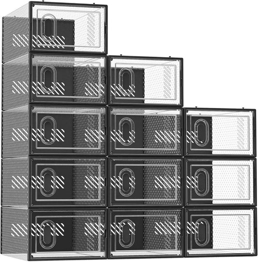 Clear Stackable Shoe Box Organizer with Lids, 12 Pack for Closet Storage, Fits Size 10 Shoes