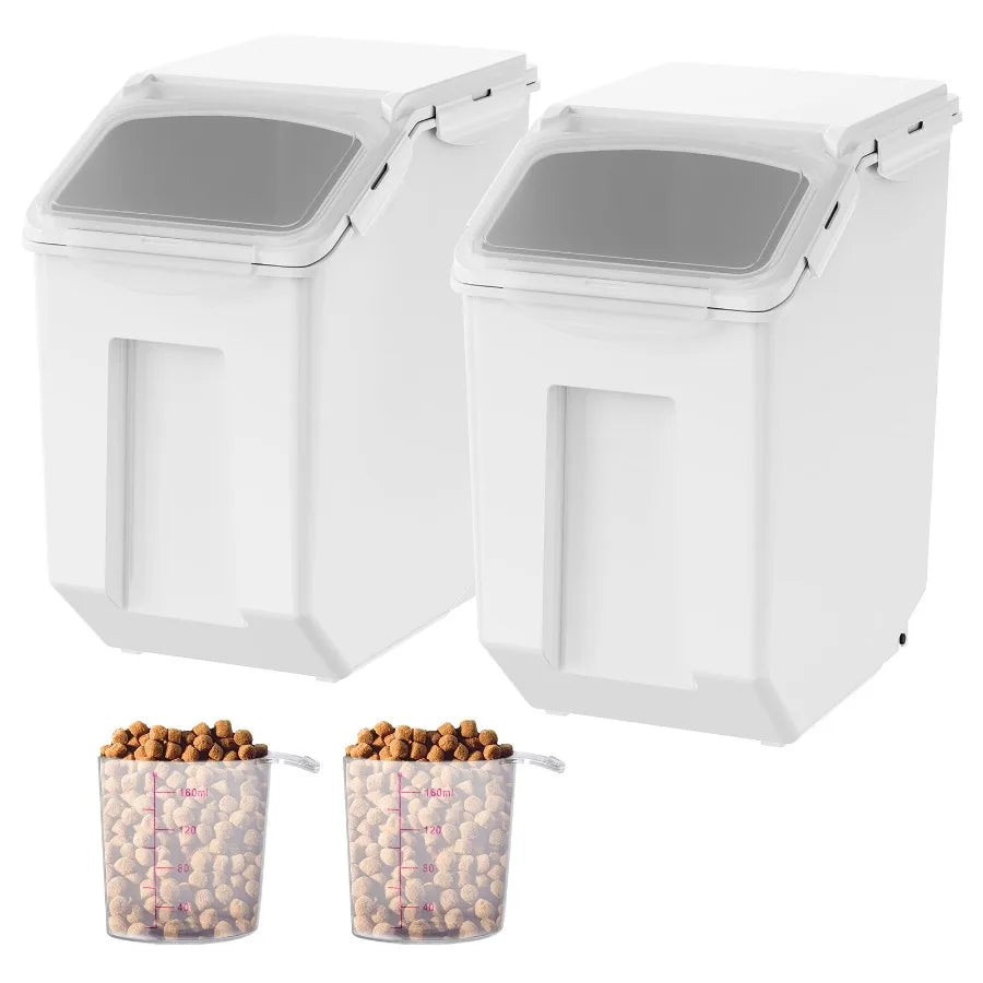 2 x 15L Pet Food Storage Bin with Measuring Cups PP Material Airtight Kitchen Rice Cereal Flour Container with Casters White