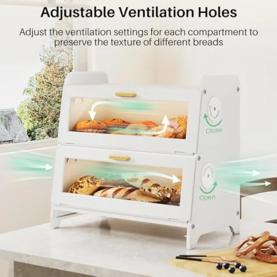 Bread Box - Kitchen Countertop Bread Storage Container with Bamboo Cutting Board Adjustable Vent Hole Dials