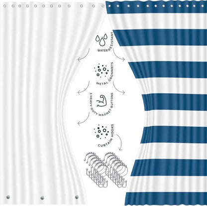 Navy Bathroom Accessory Set, 20PC Shower Curtain with Liner, Toothbrush Holder, Soap Dispenser, Dish, Toilet Brush and Trash Can