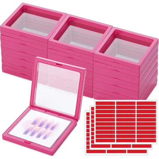 Rose Red 30 Pcs Press on Nail Packaging Box with 90 Pcs Adhesive Double Sided Tape Artificial Nail Display Case Storage Contain