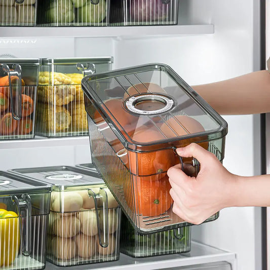 BPA-Free Sealed Refrigerator Container, Kitchen Produce Storage Box with Drain Basket & Date Timer,