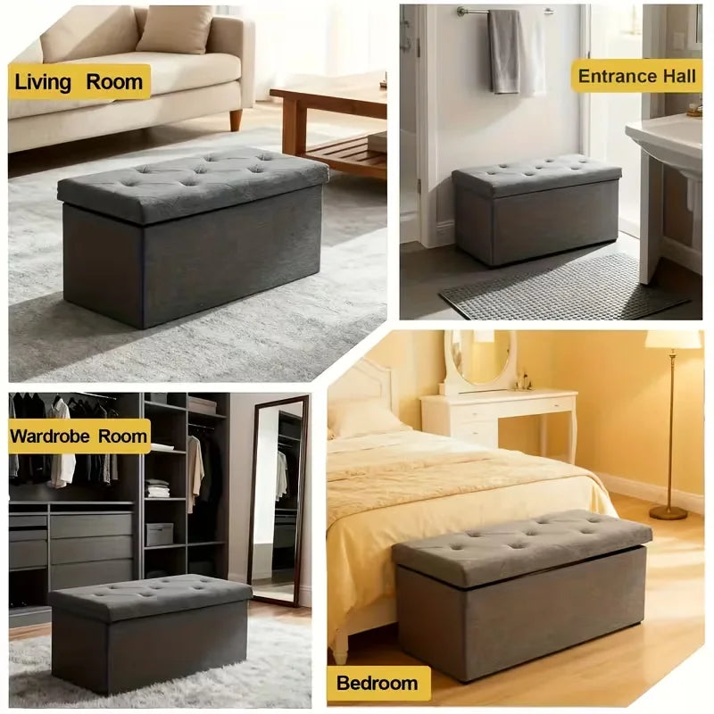 Heavy Duty Folding Storage Ottoman Bench, Indoor Outdoor Multipurpose Seat, Gray Easy Clean Fabric Organizer for Patio Garden