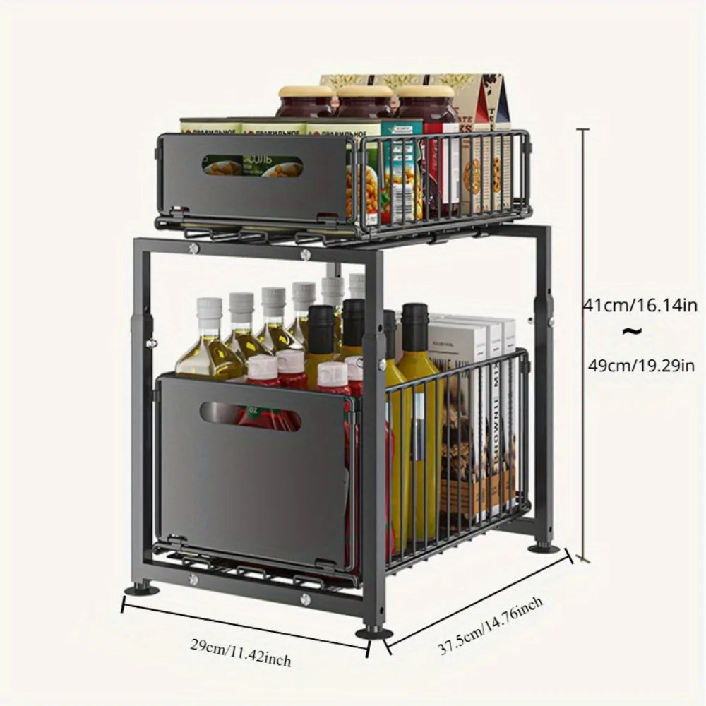 2-Tier Slide Out Under Sink Organizer - Heavy Duty Adjustable Metal Kitchen Bathroom Cabinet Storage Shelf, 1 or 2 Pack