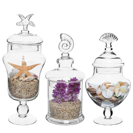 Clear Glass Apothecary Jars with Lid, Decorative Seashell Design Bathroom Canister, Footed Candy Buffet Containers, Set of 3