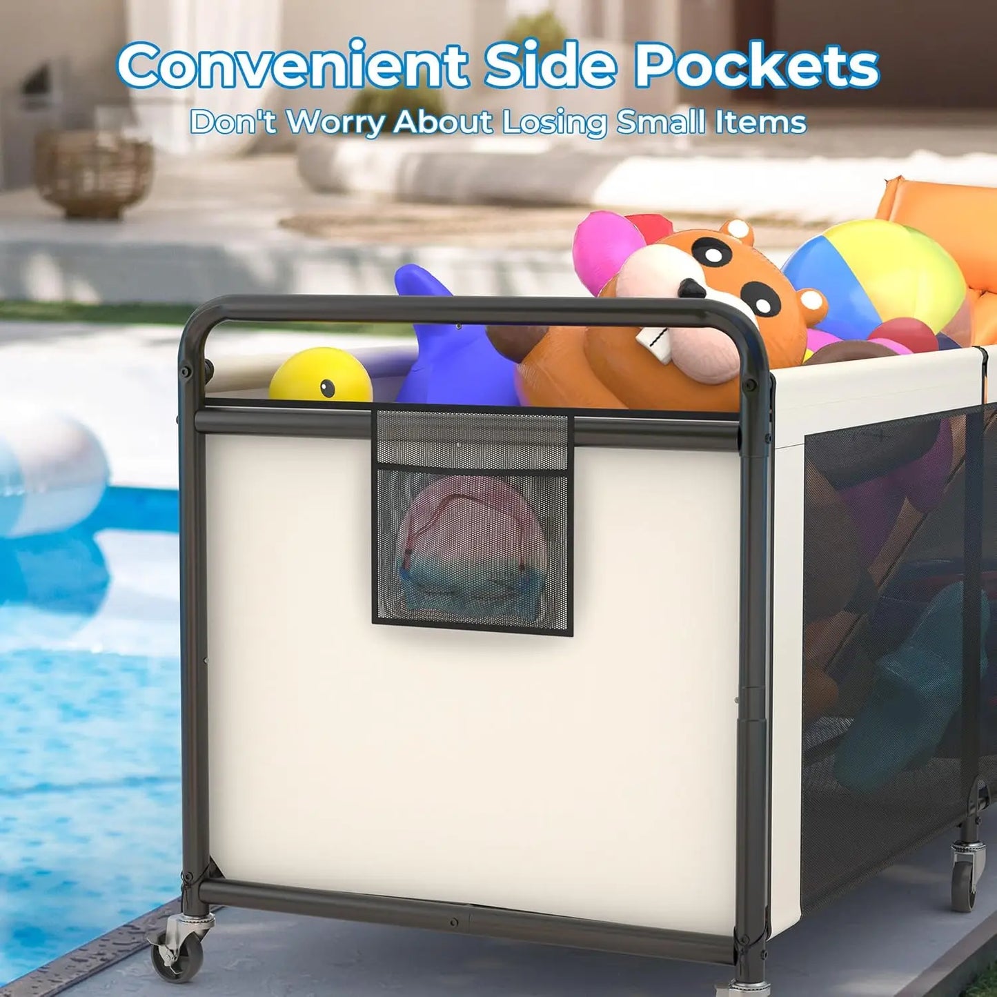 Large 295 Gallon Pool Float Storage with Wheels and Side Pockets, Outdoor Toy Organizer in Beige