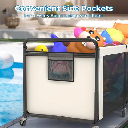 Large 295 Gallon Pool Float Storage with Wheels and Side Pockets, Outdoor Toy Organizer in Beige