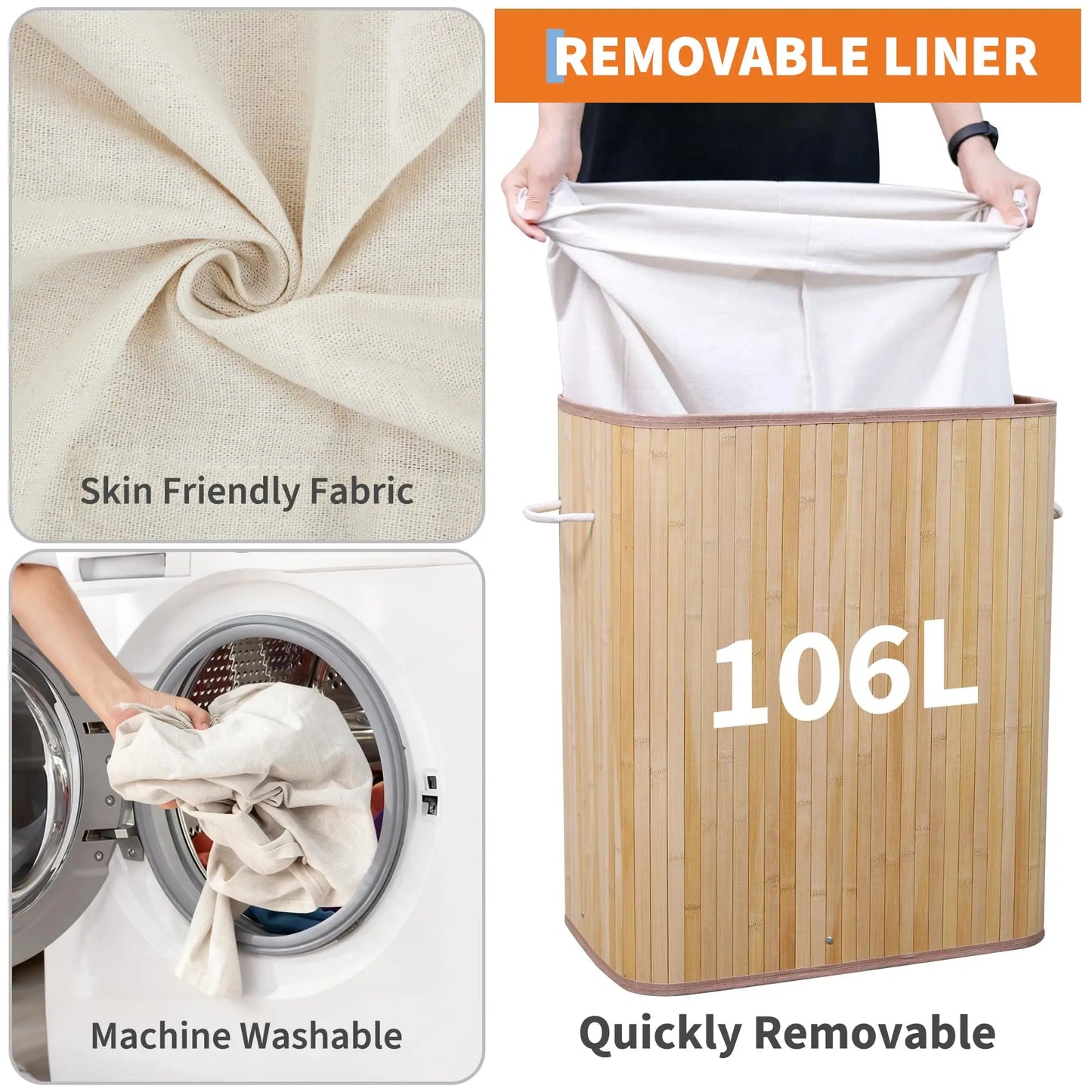 Bamboo Laundry Hamper Large 106L with Removable 4-Section Liner, Foldable Storage Basket with Lid and Handles for Bedroom, Laund