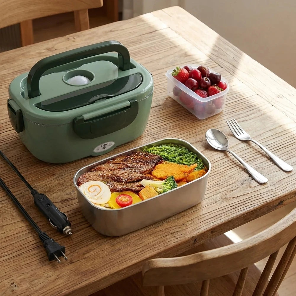 80W Electric Heated Lunch Box Portable Food Warmer Leakproof 2 Compartments Stainless Steel Liner for Work Office Car Truck Home