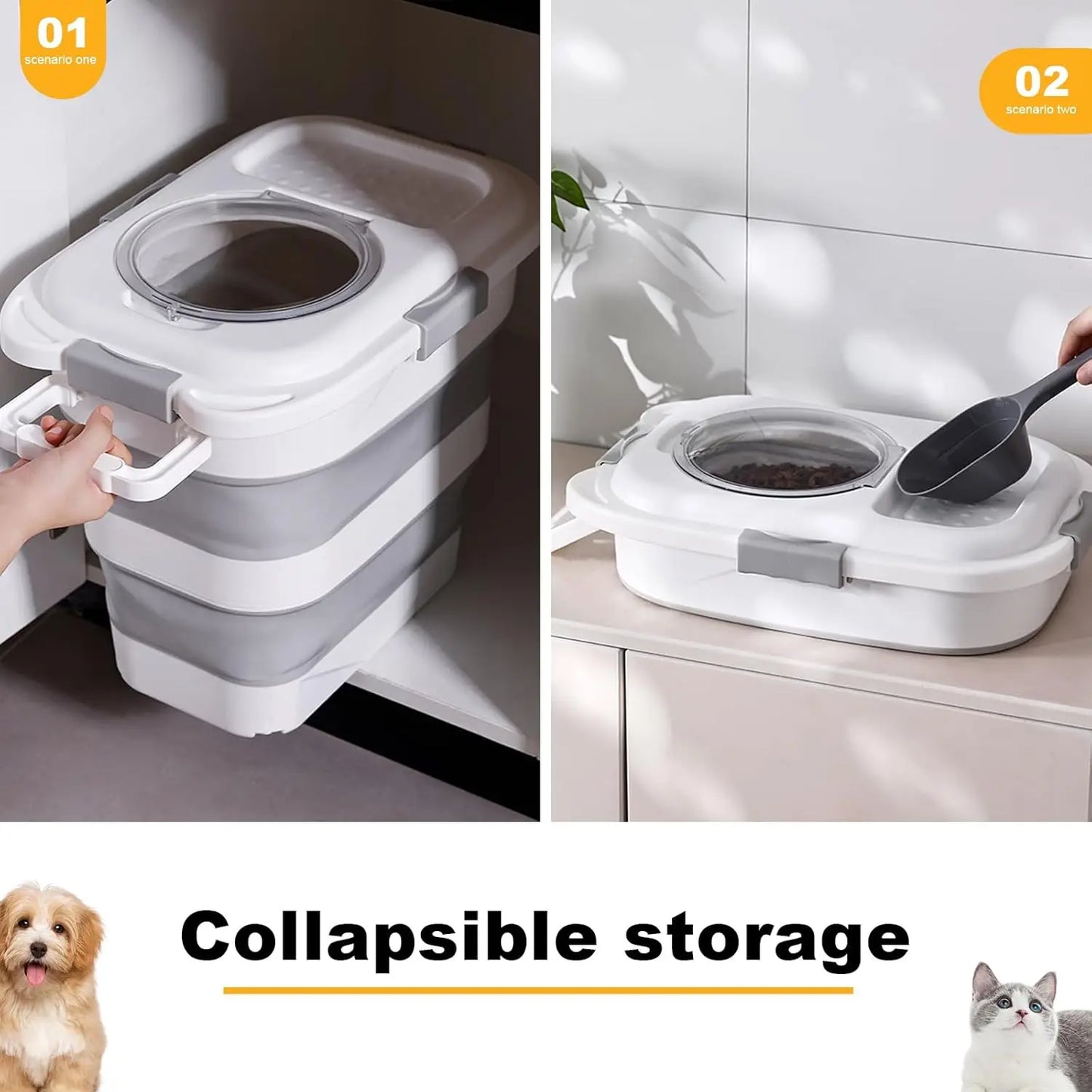 2-Pack Collapsible Pet Food Storage Container with Wheels & Scoop, 25 lbs Capacity Each, Black+White