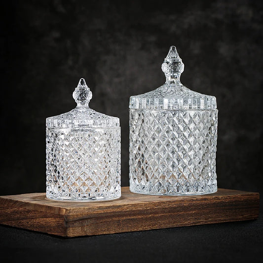 European Diamond Striped Glass Storage Jar Nut Candy Box Crystal Glass Jar with Lid Aromatherapy Candlestick Food Container
