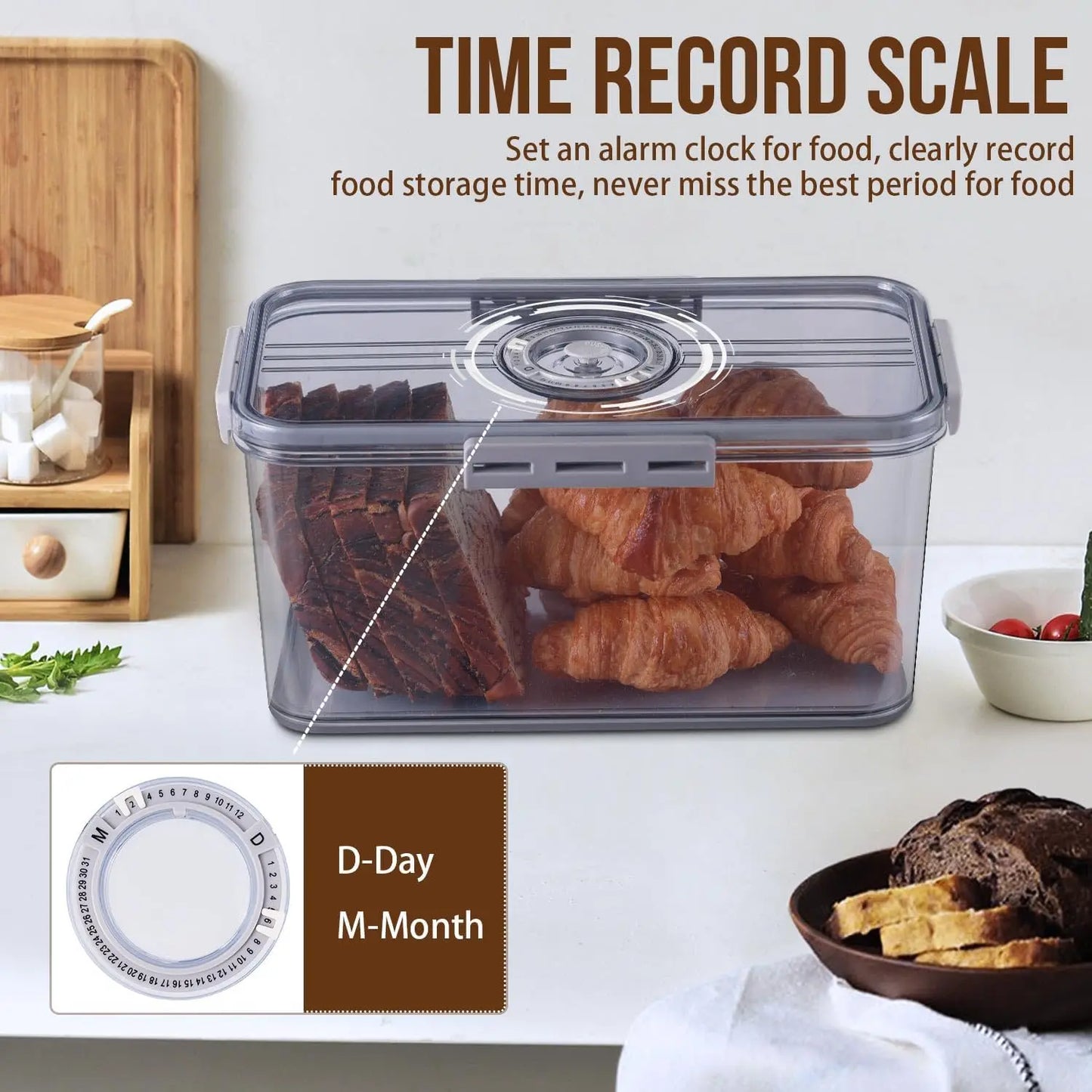 Airtight Bread Storage Container with Time Dial, Large Capacity for Homemade Bread, Toast, Bagels, Grey