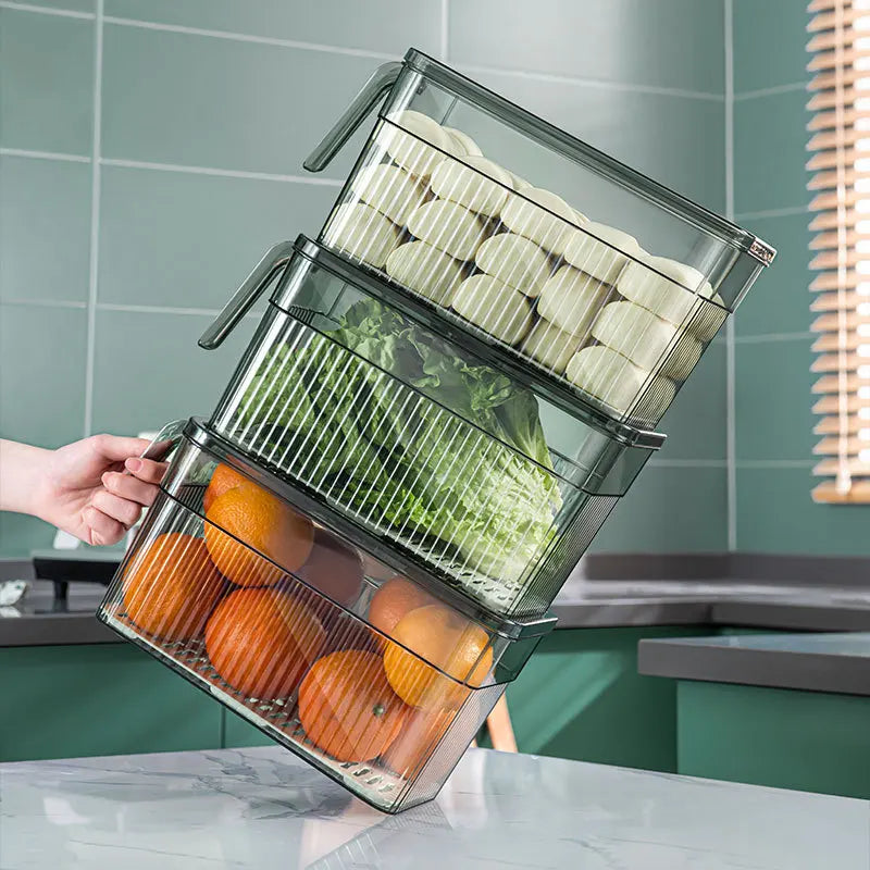 BPA-Free Sealed Refrigerator Container, Kitchen Produce Storage Box with Drain Basket & Date Timer,