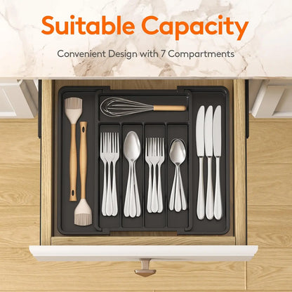 Lifewit Expandable Silverware Organizer, Plastic Utensil Tray for Kitchen Drawer, BPA Free Flatware Cutlery Holder, Space-Saving Storage for Spoons Forks Knives, 8.5-14 x 12 x 1.5 inch, Black
