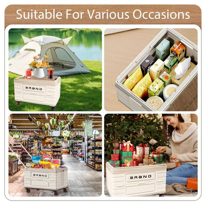 Utility Cart Portable Rolling Crate Handcart Shopping Trolley Collapsible Tool Box With Wooden Lid, Basket On 4 Rotate Wheels,