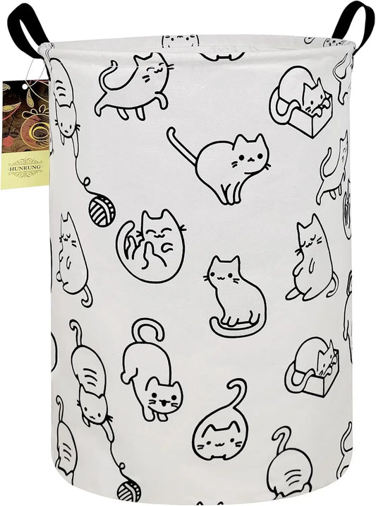 Collapsible Fabric Storage Basket, Waterproof Laundry Hamper with Handles, Round Storage Bin for Clothes Toys, Foldable Organizer for Bedroom Nursery Bathroom (Black Cat)