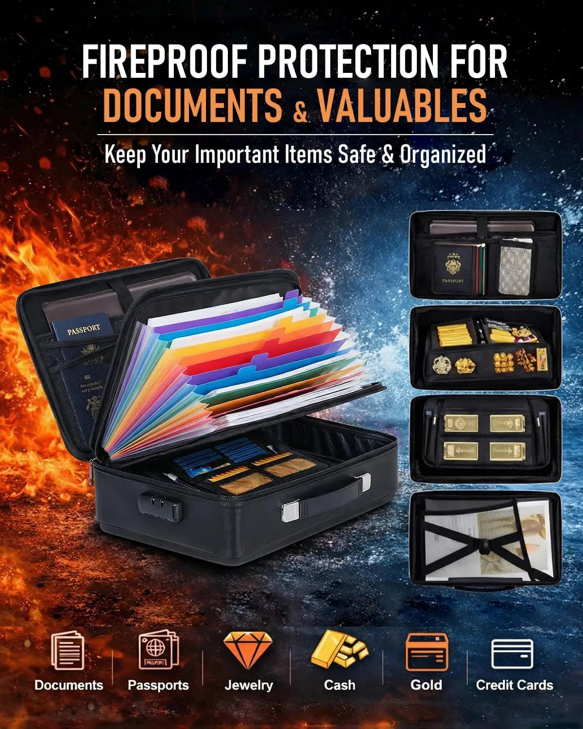 Hard-Shell Fireproof Document Safe with Lock, Waterproof File Box for Documents, Laptops, Passports - Black