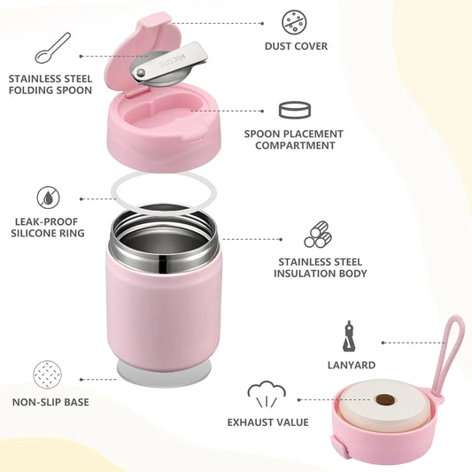 Insulated Vacuum Food Jar with Stainless Steel Spoon, Wide Mouth Thermo Leakproof Lunch Container for Hot Meals