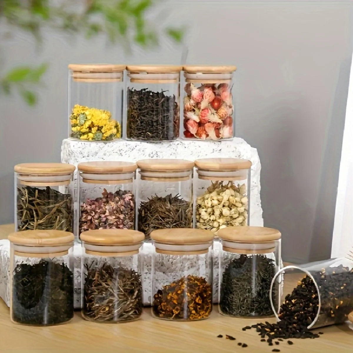 Bamboo Lid Glass Spice Jar Set Of 12,Candy,Storage,Kitchen Glass Sealed Can,Seasoning Container With Wooden Lid,Candy,Food Jar