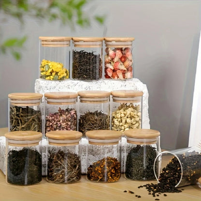 Bamboo Lid Glass Spice Jar Set Of 12,Candy,Storage,Kitchen Glass Sealed Can,Seasoning Container With Wooden Lid,Candy,Food Jar