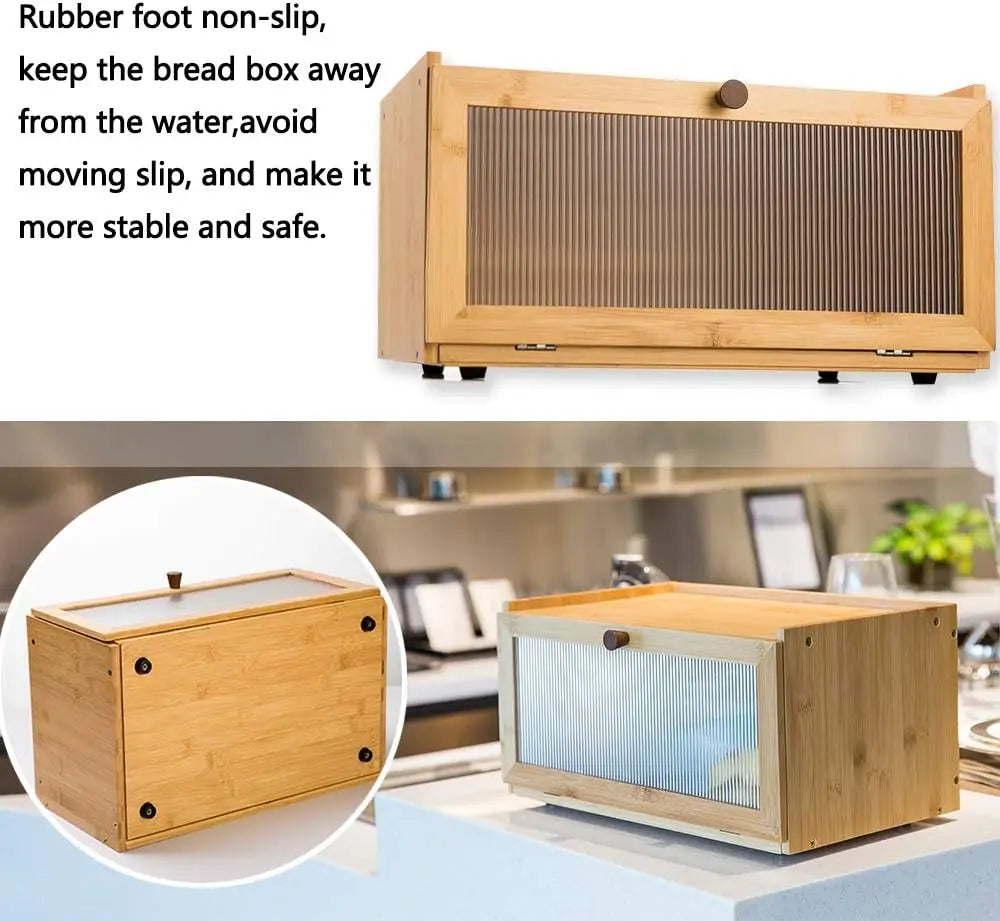 Large Bamboo Bread Box with Window, Farmhouse Style Kitchen Storage Container for Fresh Bread