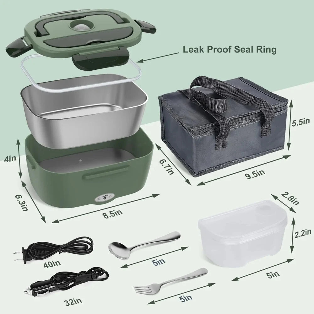 80W Electric Heated Lunch Box Portable Food Warmer Leakproof 2 Compartments Stainless Steel Liner for Work Office Car Truck Home