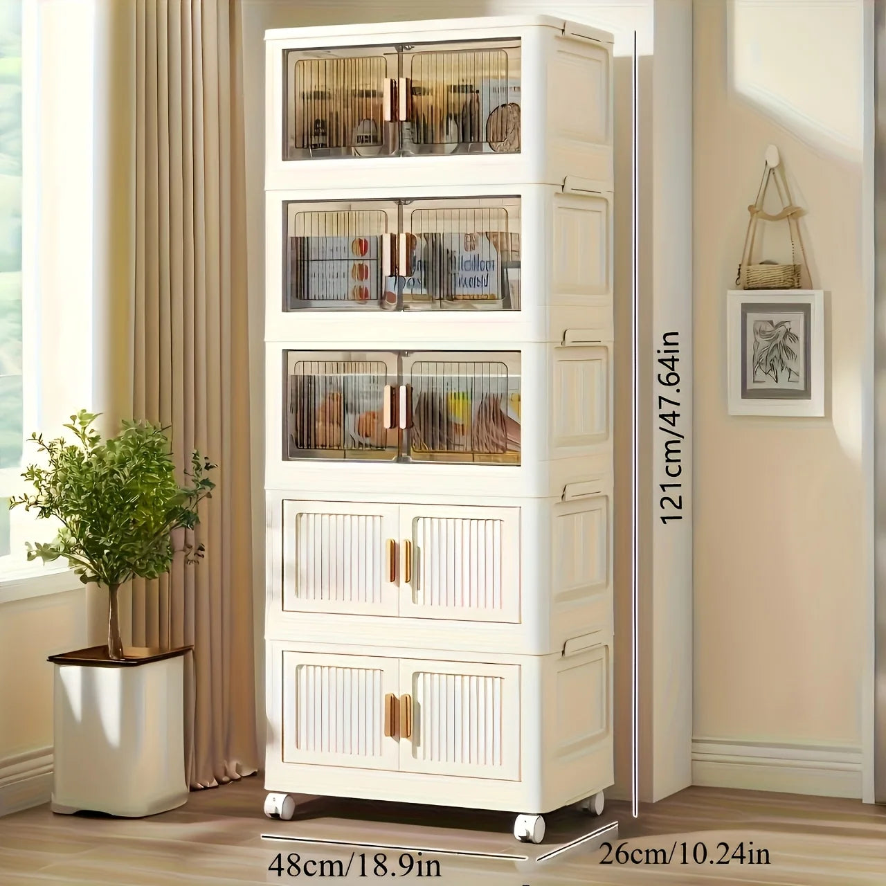 Oversized 3-5 Tier Foldable Storage Cabinet with Wheels, No Assembly Magnetic Doors Organizer for Living Room, Bedroom & Office