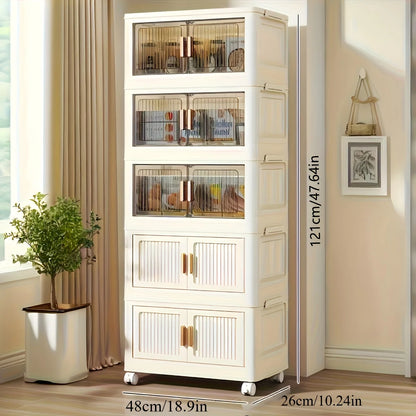 Oversized 3-5 Tier Foldable Storage Cabinet with Wheels, No Assembly Magnetic Doors Organizer for Living Room, Bedroom & Office